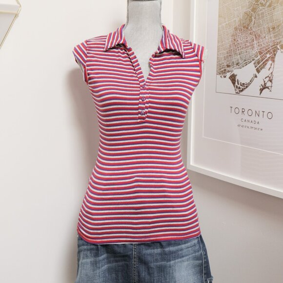 Talco Tops - TALCO Red Purple Striped Capped Sleeve Tee Y2K